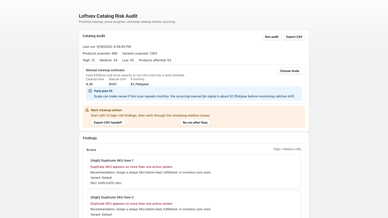 Catalog audit dashboard with total issues and severity breakdown