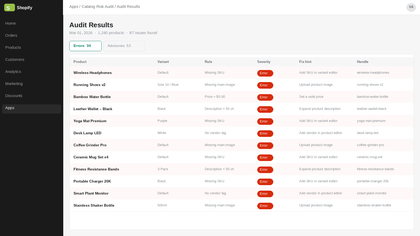 Catalog audit errors list with product handles and fix hints