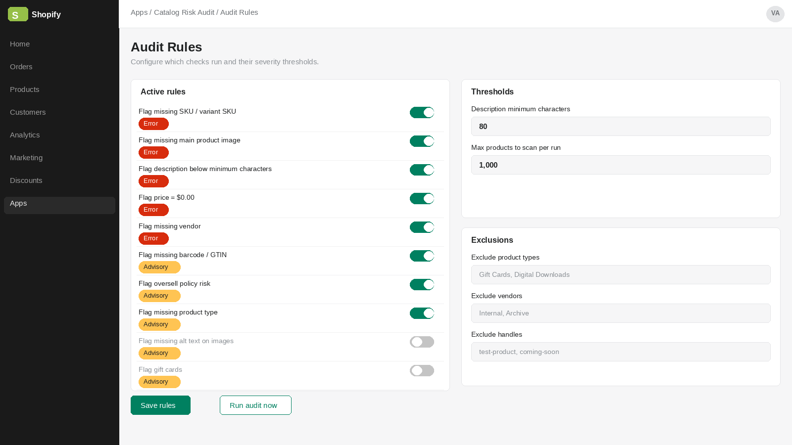 Audit rule controls for thresholds and exclusions