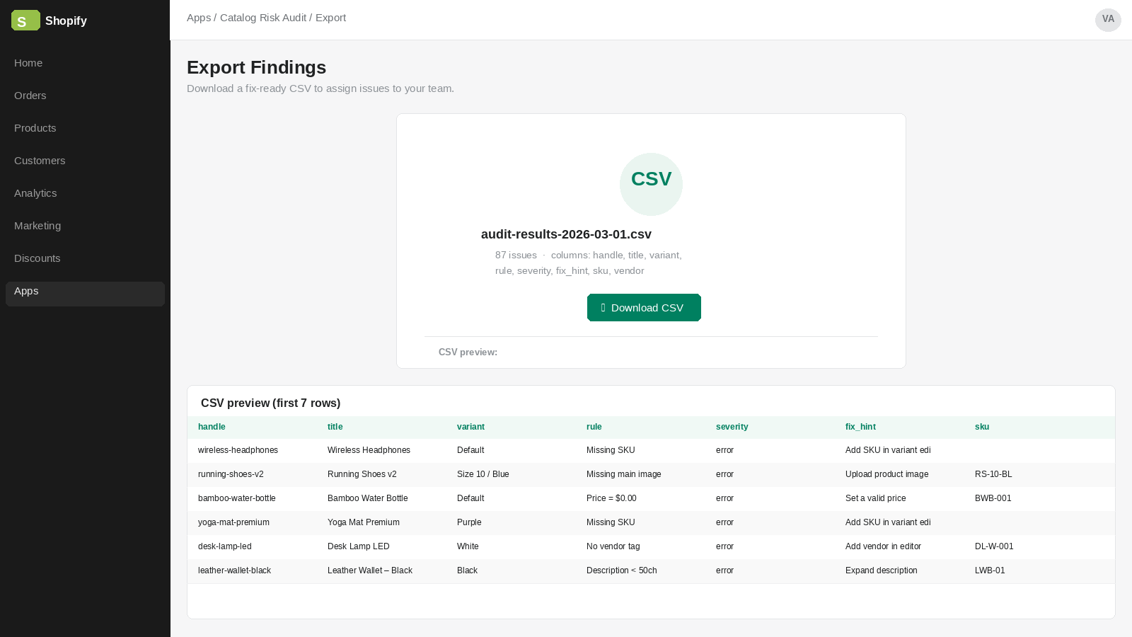 CSV export controls for catalog audit findings
